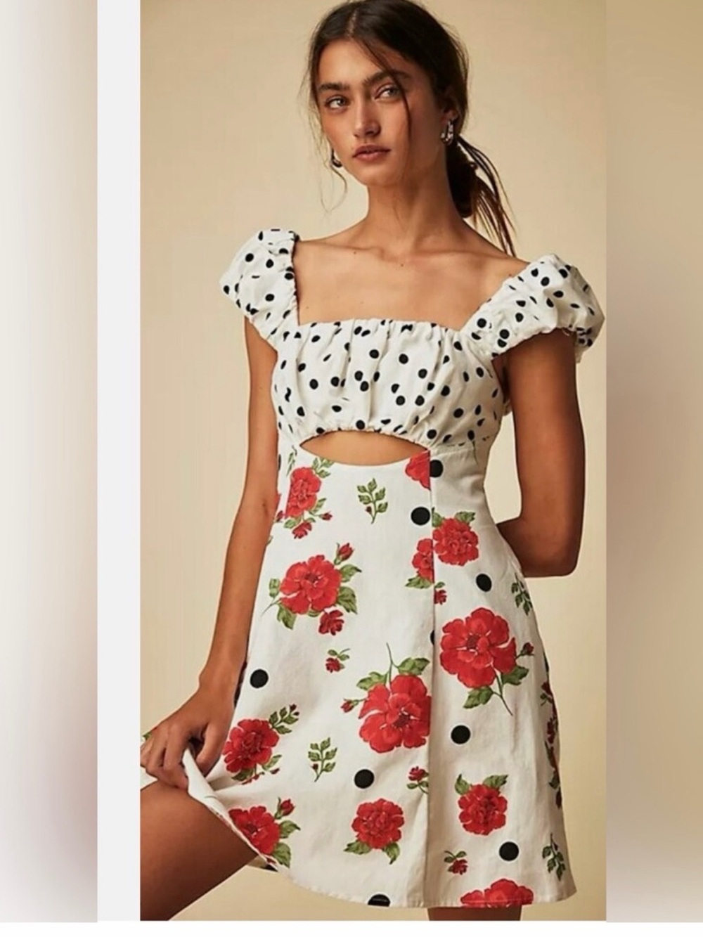 Free People White Mini Dress with Red Floral and Black Polka Dots
